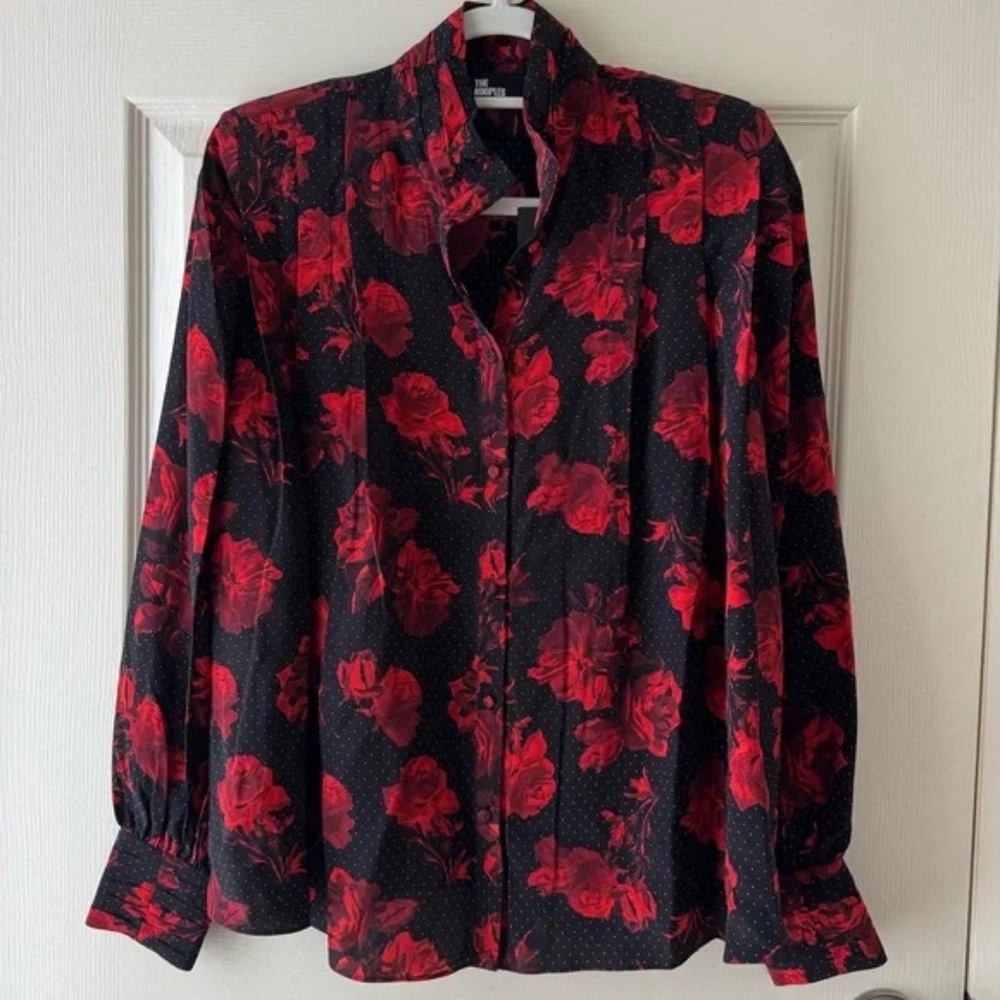 The Kooples Black w/ Red & White Floral Dot Print Silk Blouse Sz S NWT $365 - Picture 14 of 14